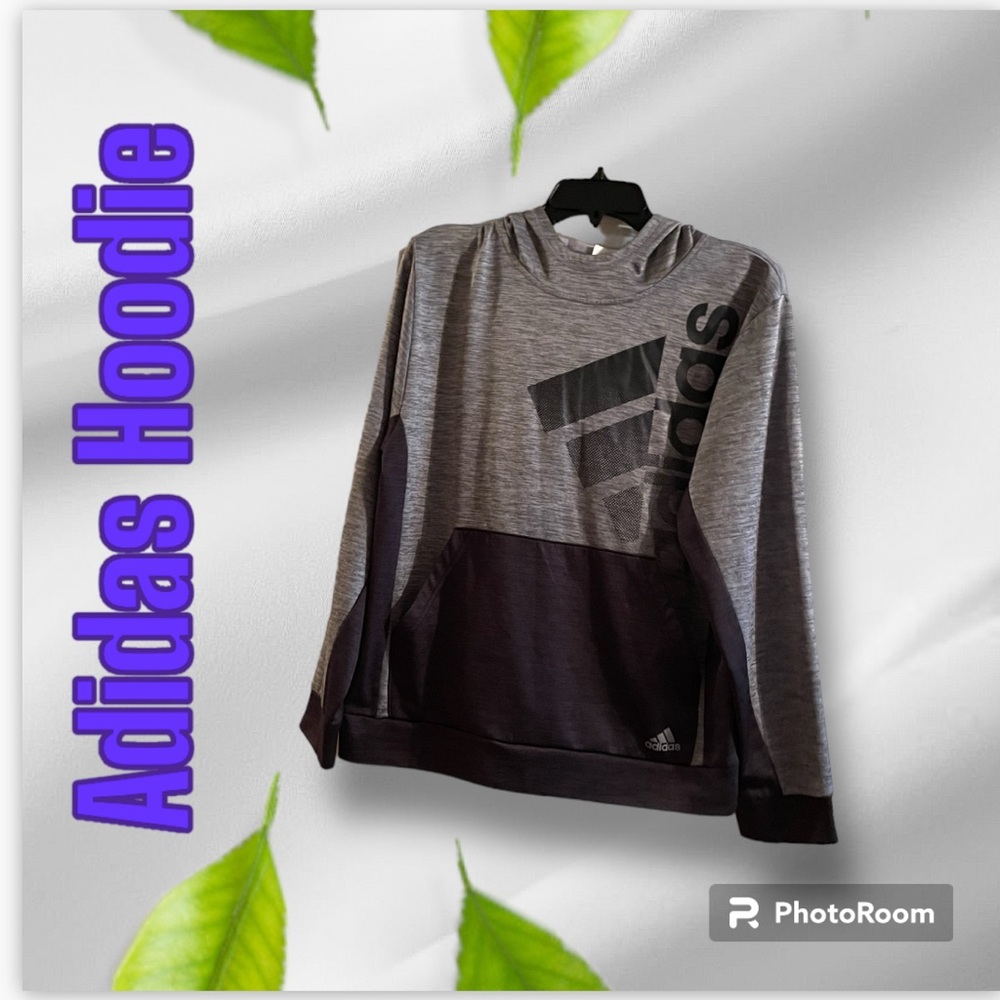 🖤 ADIDAS HOODIE IS HIS CHOICE Gray & black w brand Logo Kangaroo Pockets Boy XL